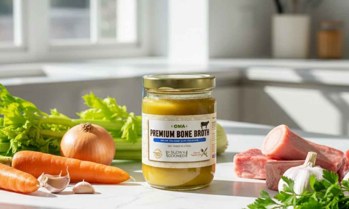 OMA Beef Bone Broth bottle on marble kitchen counter with fresh carrots, celery, onion, garlic, parsley, and raw beef bones in natural sunlight.