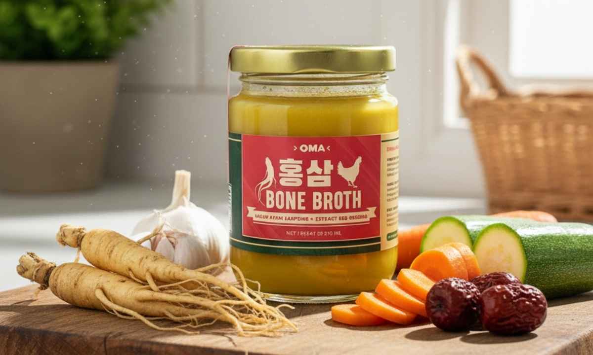 OMA Chicken Ginseng Bone Broth bottle on marble counter with whole ginseng roots, goji berries, red dates, garlic, ginger, carrots, and zucchini in bright natural sunlight.
